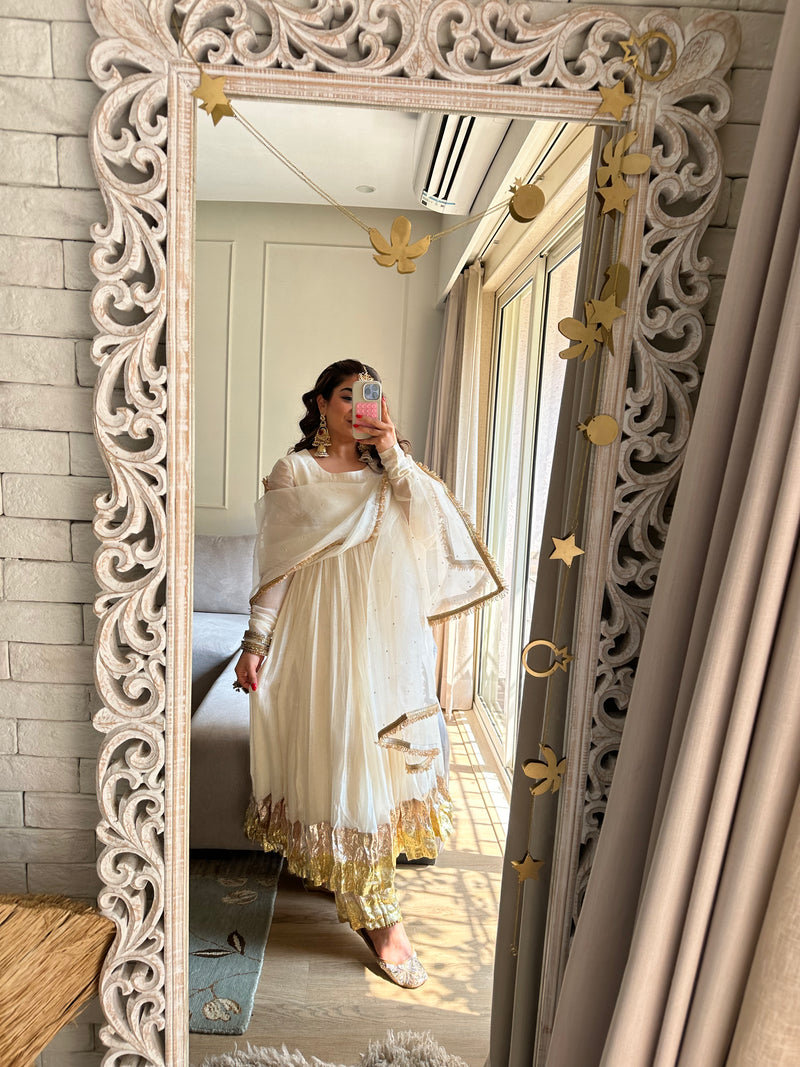 Off white Mul chanderi Anarkali set of 3