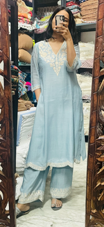 Powder Blue Mul chanderi embroidered Kurta set of 3