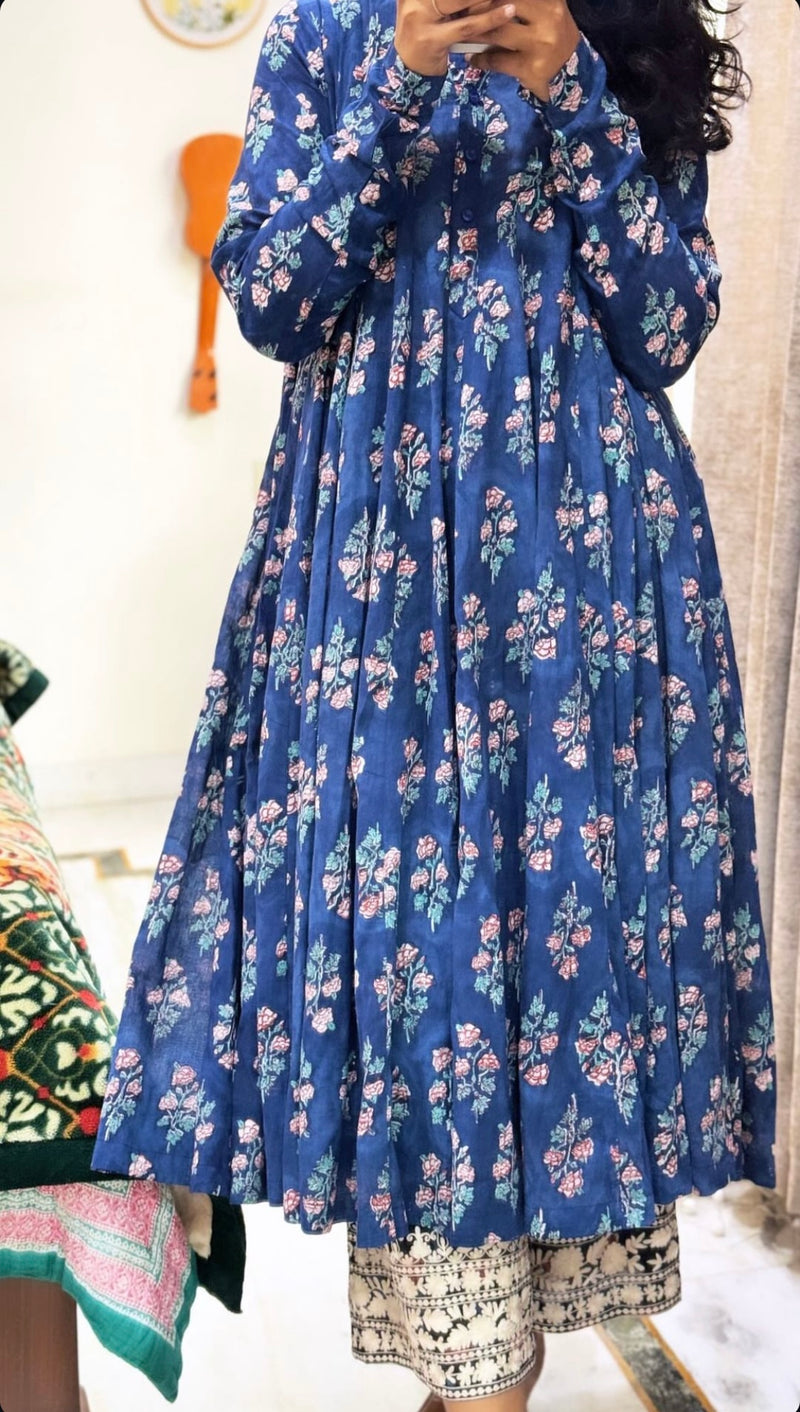 Blue Handblock printed Anarkali set of 2