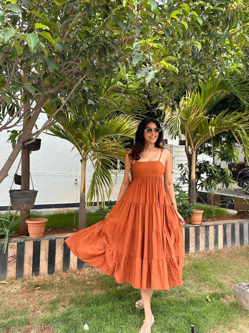 Rustic orange Linen cotton dress